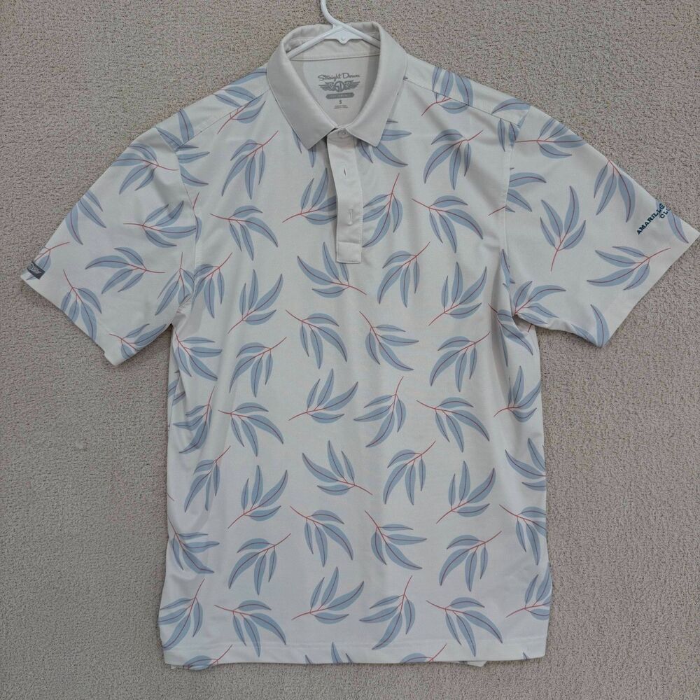 Straight Down Golf Polo Shirt Mens S (FITS M) White Blue Leaf Print
